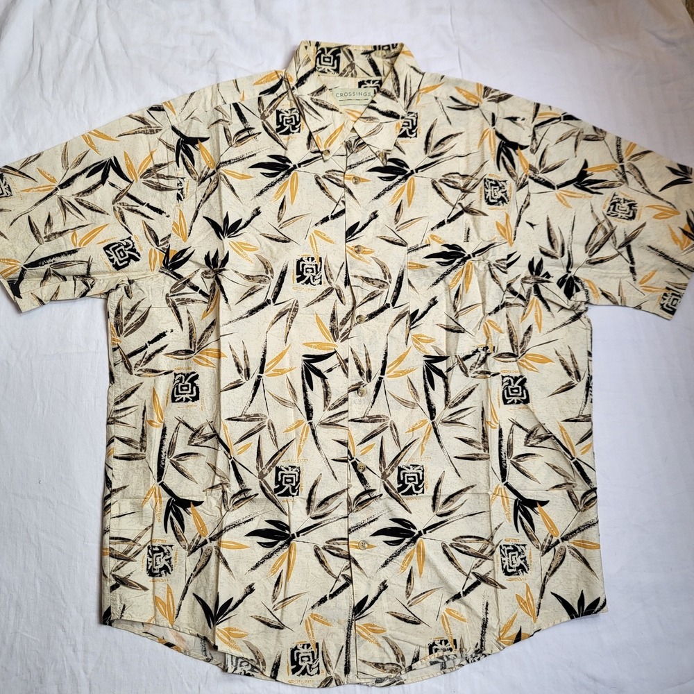 Vtg Crossing's Shirt Men's Large/G Beige, Yellow, Black Hawaiian Button Up